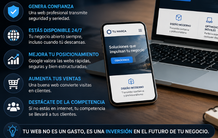 Un movil y un portátil donde aparecen los beneficios de invertir en una web profesional